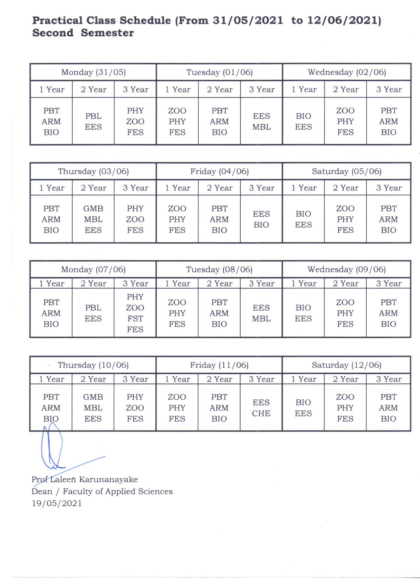 Practical Examination Timetable
