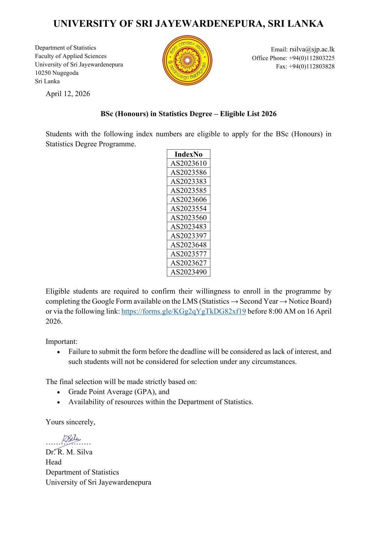 BSc (Honours) in Statistics Degree – Eligible List 2026